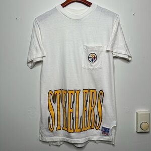 VTG 90s NUTMEG MILLS STEELERS NFL POCKET TEE SPELLOUT MADE IN USA MED.